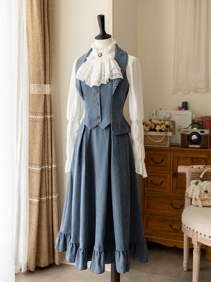 Elegant Dusty Blue Waistcoat Boned High Waist Skirt