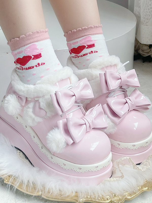 Lolita Pink Cute Heart Bowknot Platform Shoes With Pompons