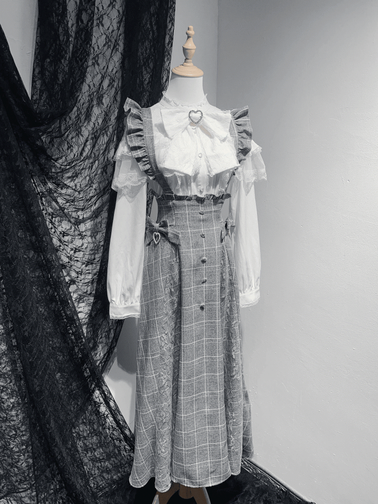 in Overall Sleeves Plaid Long Flutter Black/Gray Detachable Rhinestone Kei Skirt Jirai Accents with Style