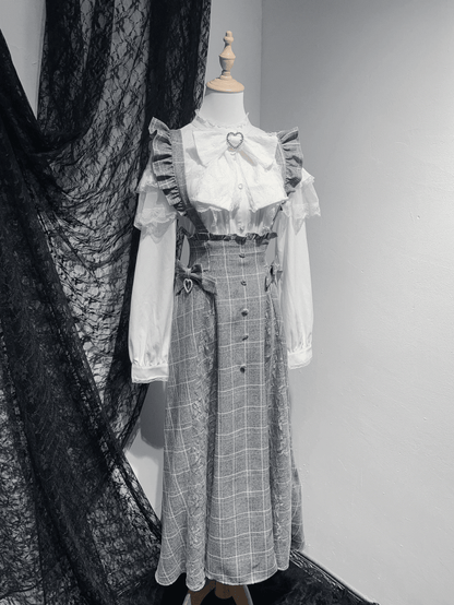 in Overall Sleeves Plaid Long Flutter Black/Gray Detachable Rhinestone Kei Skirt Jirai Accents with Style