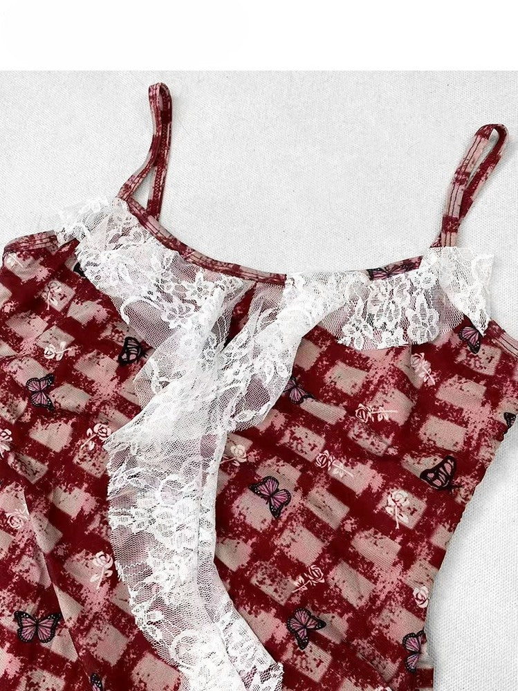 Hem Glamorous Bittersweet Pattern Red Skirt White Dress Cami Set- Plaid Lace Butterfly Asymmetrical +