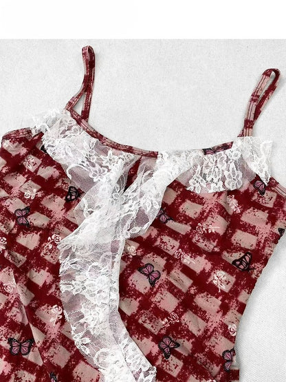 Hem Glamorous Bittersweet Pattern Red Skirt White Dress Cami Set- Plaid Lace Butterfly Asymmetrical +