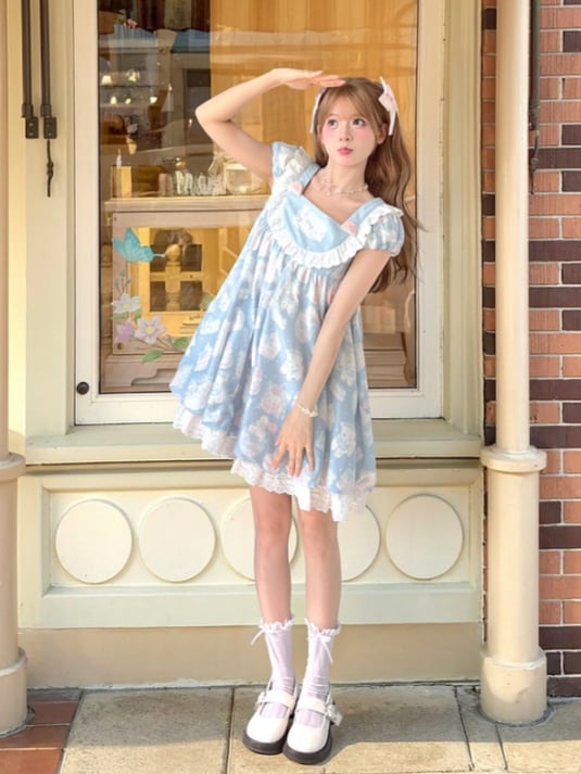 Adorable Lamb Print Sweet Lolita Dress Blue Square Neck Puff Sleeve