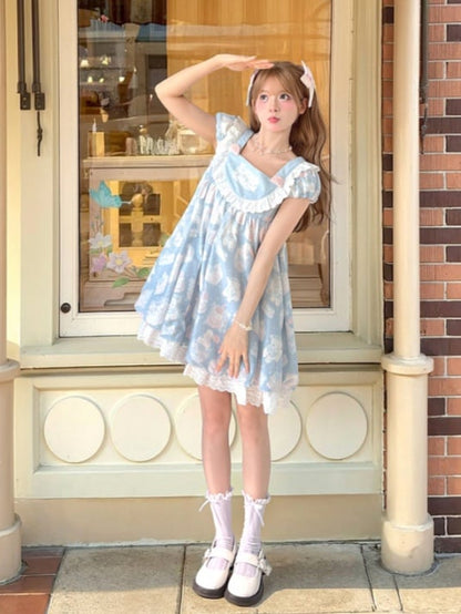 Adorable Lamb Print Sweet Lolita Dress Blue Square Neck Puff Sleeve