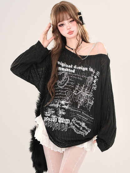 Black/White Asymmetrical Neckline Loose Fit Printed Top