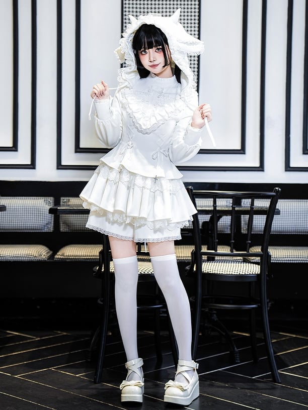 Träger Charm Kleid Gothic Weiß Rüschen Lolita Ausschnitt Schnürung Kreuz
