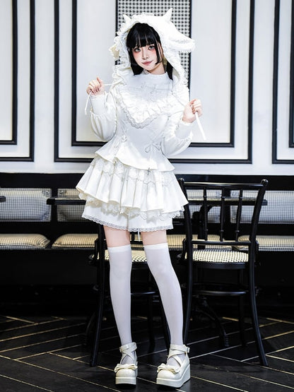 Träger Charm Kleid Gothic Weiß Rüschen Lolita Ausschnitt Schnürung Kreuz