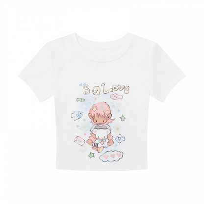 Weißes T-Shirt mit Rundhalsausschnitt und süßem Cartoon-Print