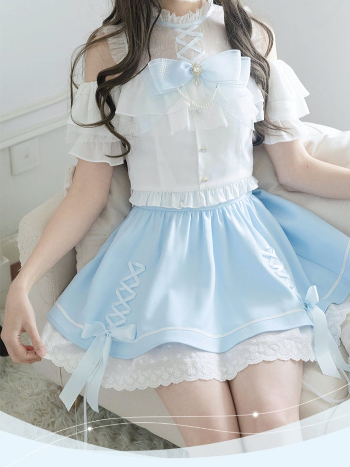 Illusion Skirt Shoulder Blue Criss-cross Open White Design Top+ Neckline Kei Set Jirai