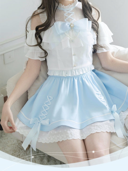 Illusion Skirt Shoulder Blue Criss-cross Open White Design Top+ Neckline Kei Set Jirai