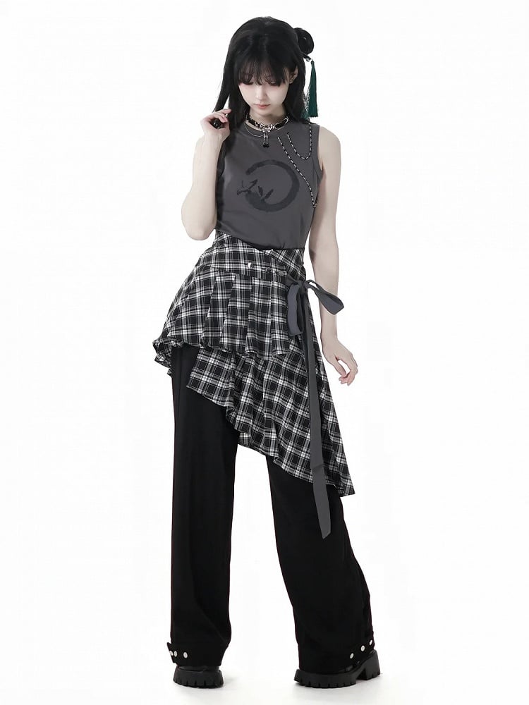 Plaid Skirt with Self-Tie Strap Black and White Asymmetrical Flounce Hem