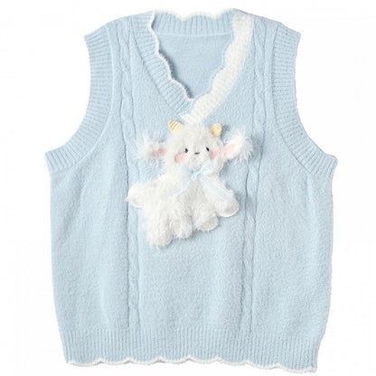 Yume Kawaii Blaue Strickweste mit Plüschlamm vorne