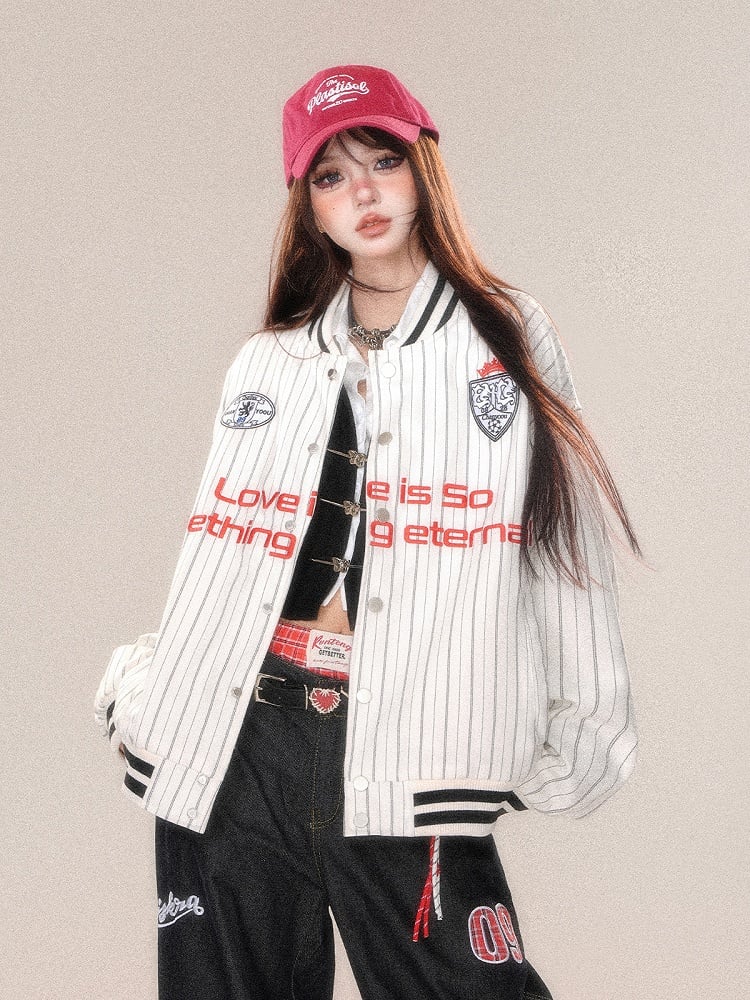 Gray White Stripe Embroidery Baseball Jacket