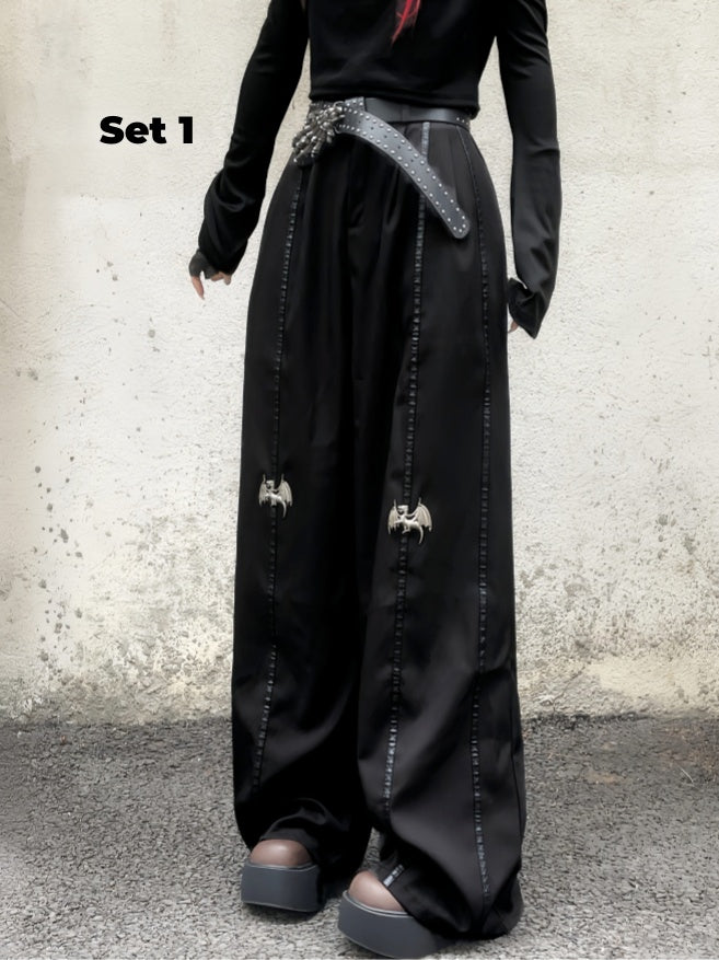 Length Floor Black Metal Dragon Knee Wide-Leg Pants