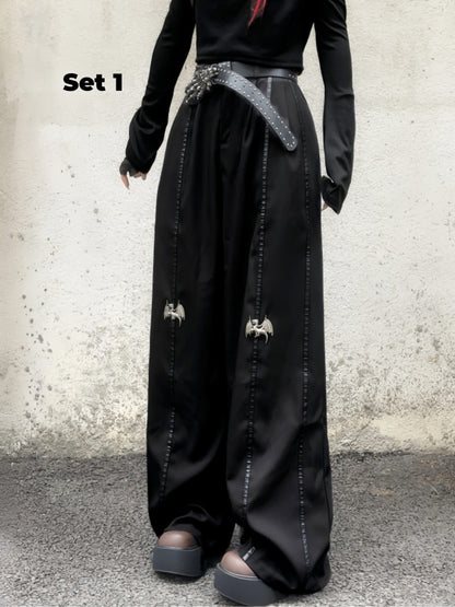 Length Floor Black Metal Dragon Knee Wide-Leg Pants