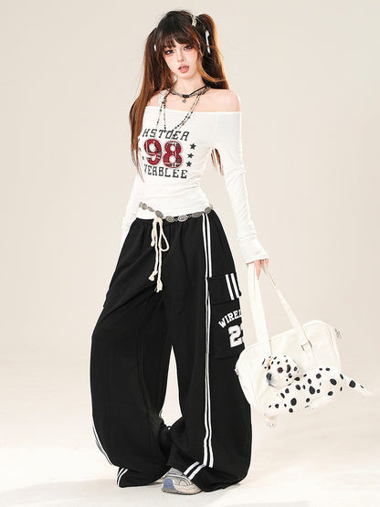 Decorated Number Black Wide-leg Pants Pockets Letter Cargo Cut Print And Bittersweet
