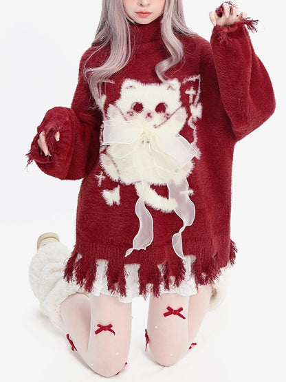 Red Cat Pattern Bow Accent Distress Trim High Neck Cozy Sweater