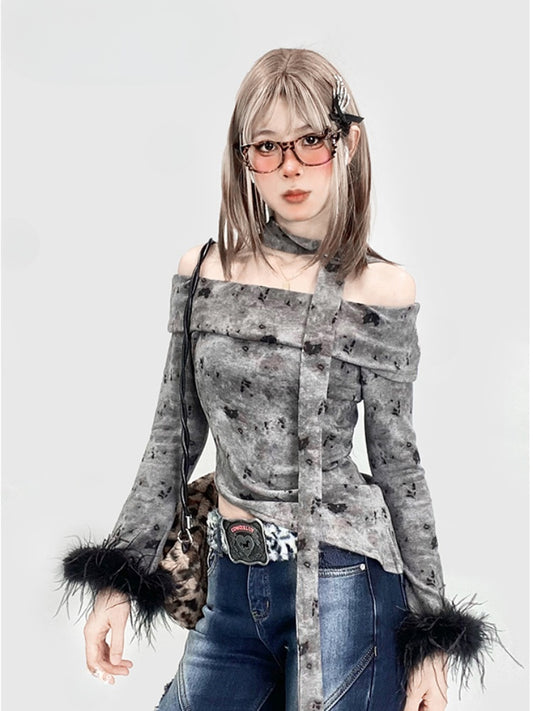 Grey Off-the-shoulder Neckline Top with Plush Hem