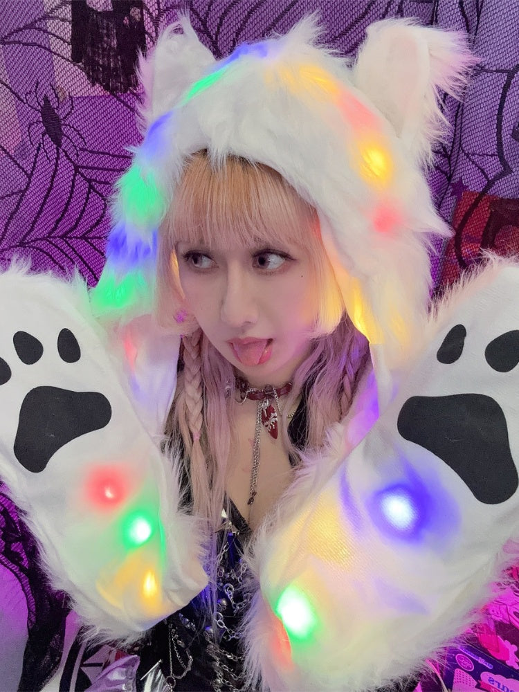 White Shaggy Scarf Gloves and Hat All-in-one with with LED Lights