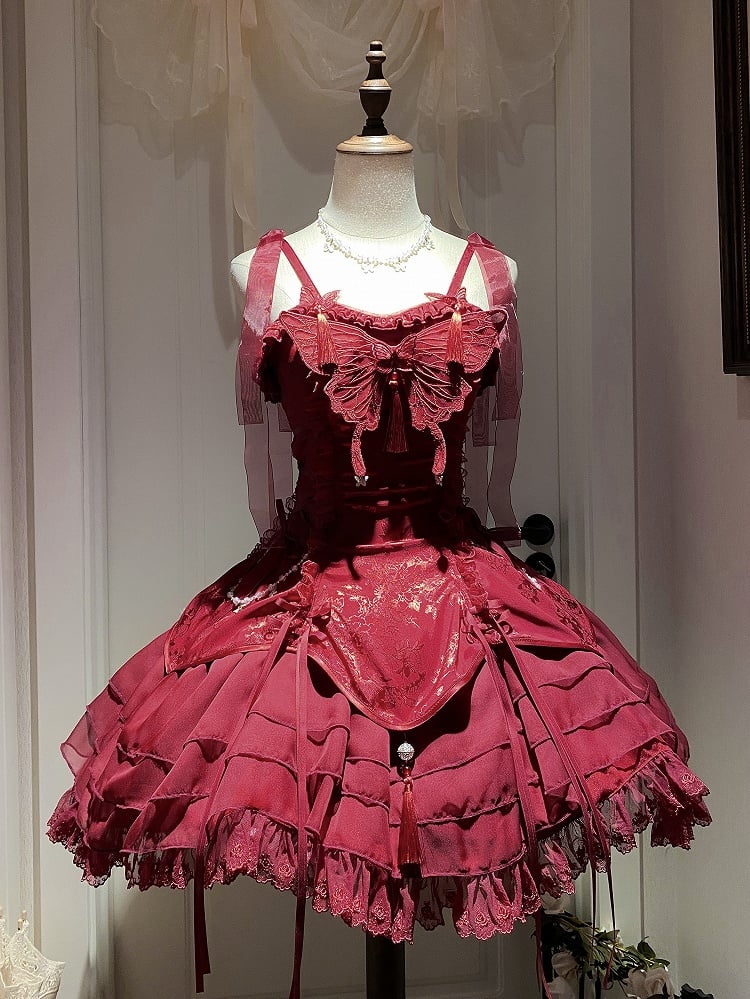 Tassels with Fairy Jumper Sleeves Butterfly Cascading Decorated Skirt and Red Lolita Ruffle