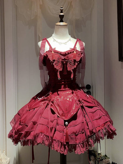 Tassels with Fairy Jumper Sleeves Butterfly Cascading Decorated Skirt and Red Lolita Ruffle