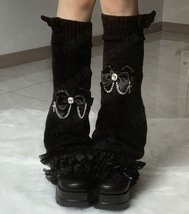 Jirai Kei Black Rhinestone Bow Wings Lace Trim Leg Warmers