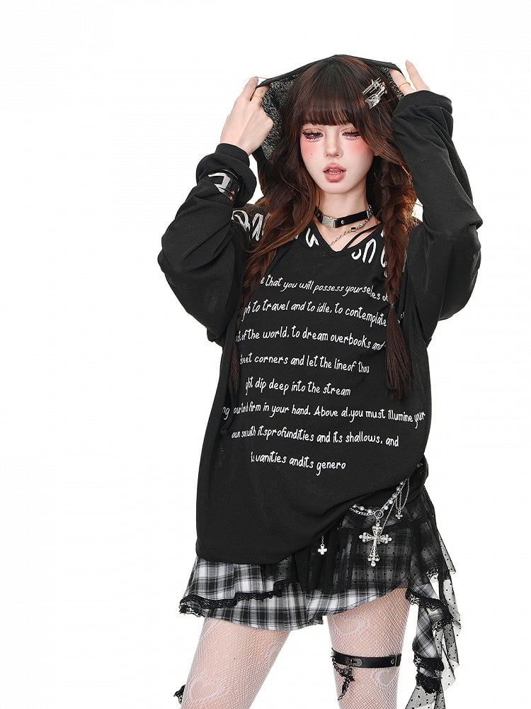 Black/White/Blue Semi-sheer V-neck Letter Loose Hoodie