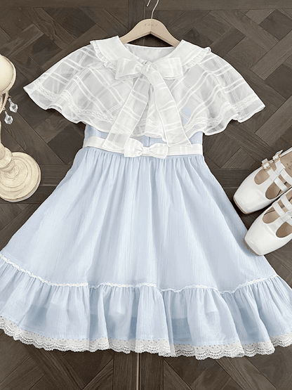 Jirai Kei Light Blue Peter Pan Collar Cape Design Faux Two-pieces Dress