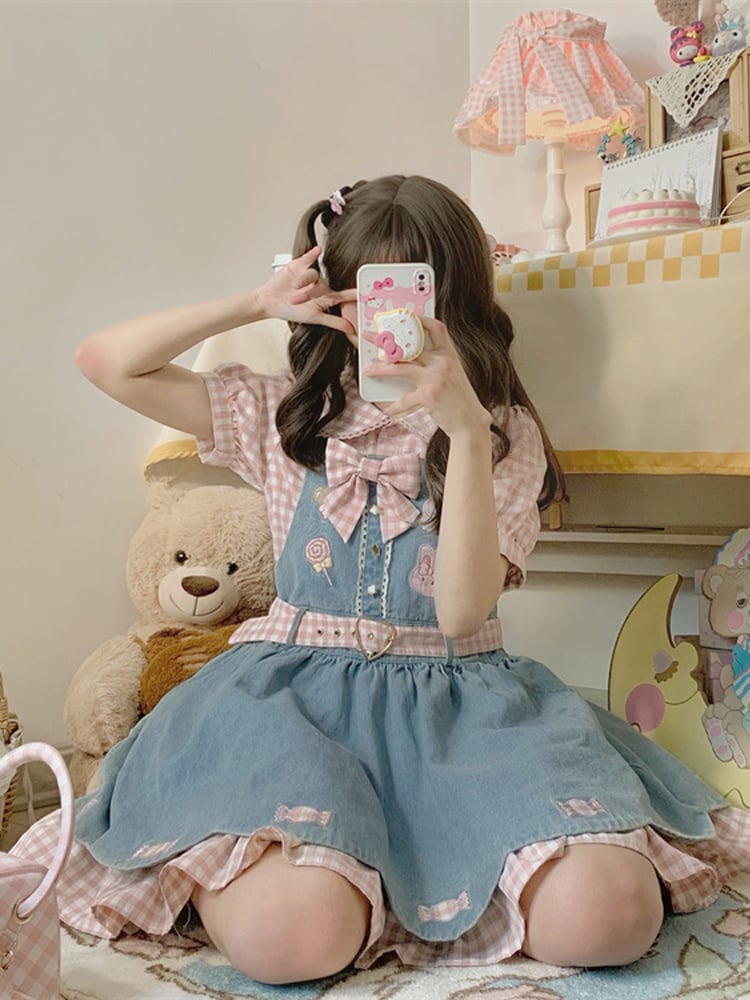 Light Blue Candies Sweet Denim Overall Dress Scalloped Edge Trim Skirt