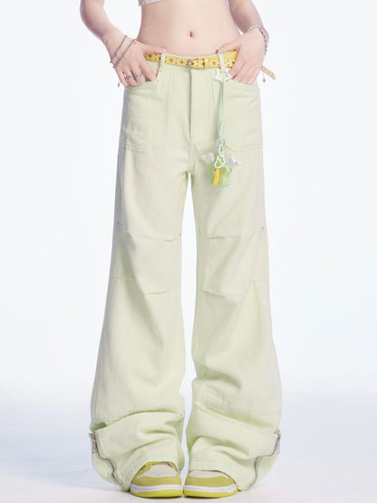 Pants Light Green Low Waist Zip Cuffs Wide-leg Cargo