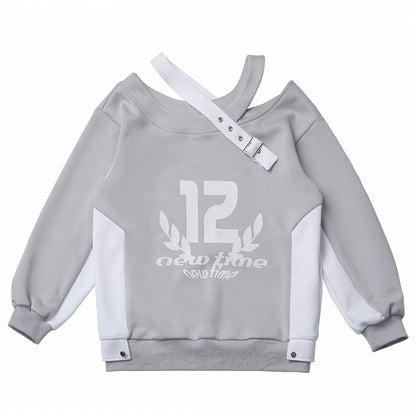 Design Colorblock Gray White Asymmetrical Neckline Cutout Shoulder Spring Sweatshirt
