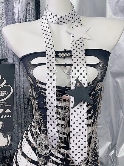 Applique Star Tie Pattern White/Black Polka-dot Y2K Neck