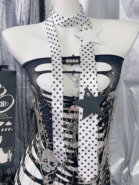 Applique Star Tie Pattern White/Black Polka-dot Y2K Neck