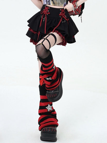 and at Red Black Lace-up Tiered Punk Y2K Waist Details Rock Skirt