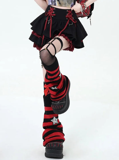 Skirt at Tiered Lace-up Punk Details Red and Black Waist Y2K Rock