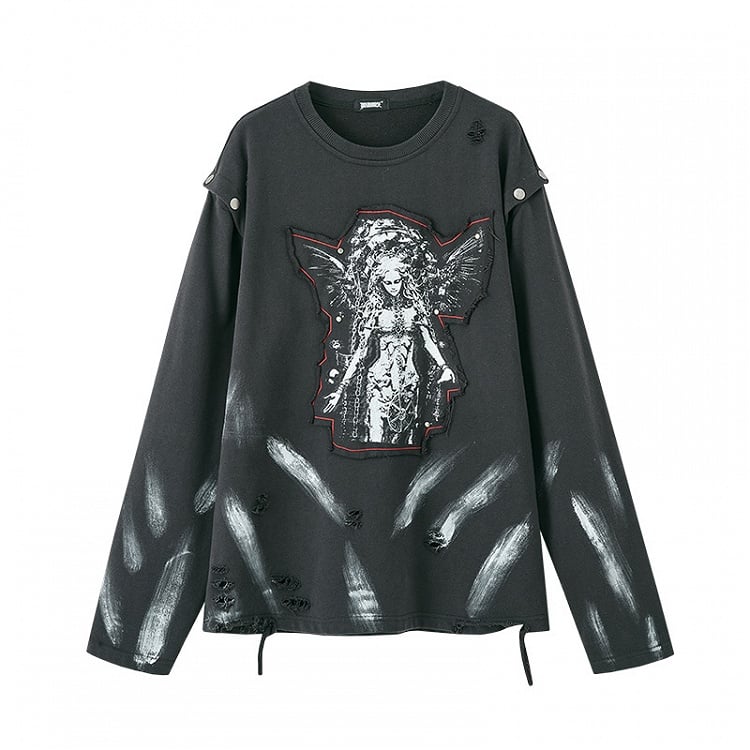 Distressed Sweatshirt Design Black Cutout Shoulder Faded Wash Applique