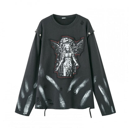 Distressed Sweatshirt Design Black Cutout Shoulder Faded Wash Applique