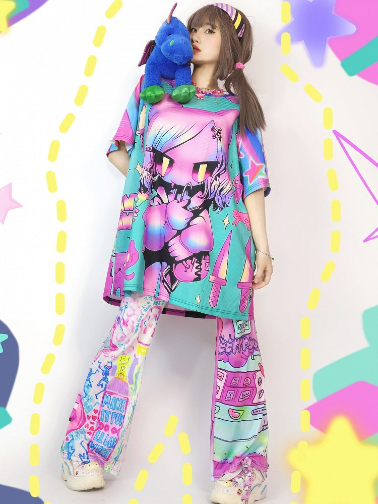 Gyaru Colorful Cartoon Short Striped Fashion Pattern Print Sleeve T-Shirt