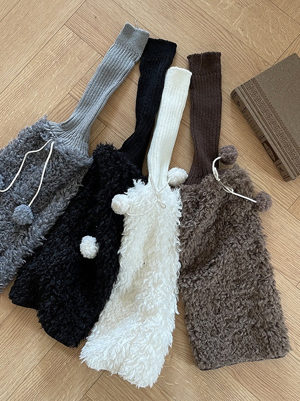 Cute White/Black/Brown Y2K Knit Leg Warmers With Pompons