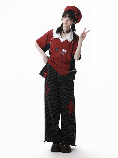 Cuffs Dot Casual Pants Red Plaid Star Applique Drawstring Black Polka