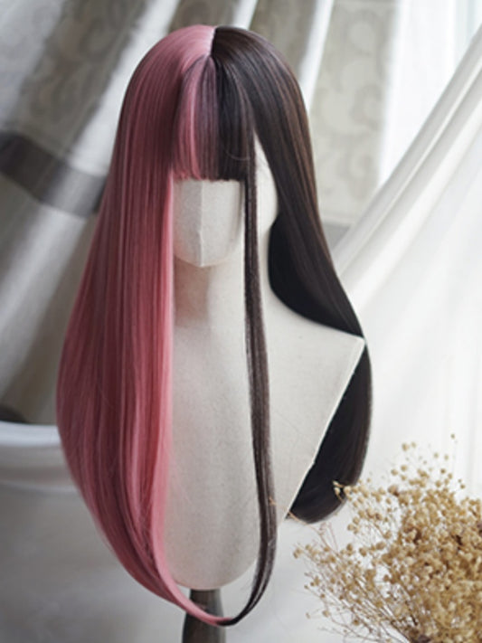 Pink&Black Split Color Waist Length Straight Wig With Full Bangs