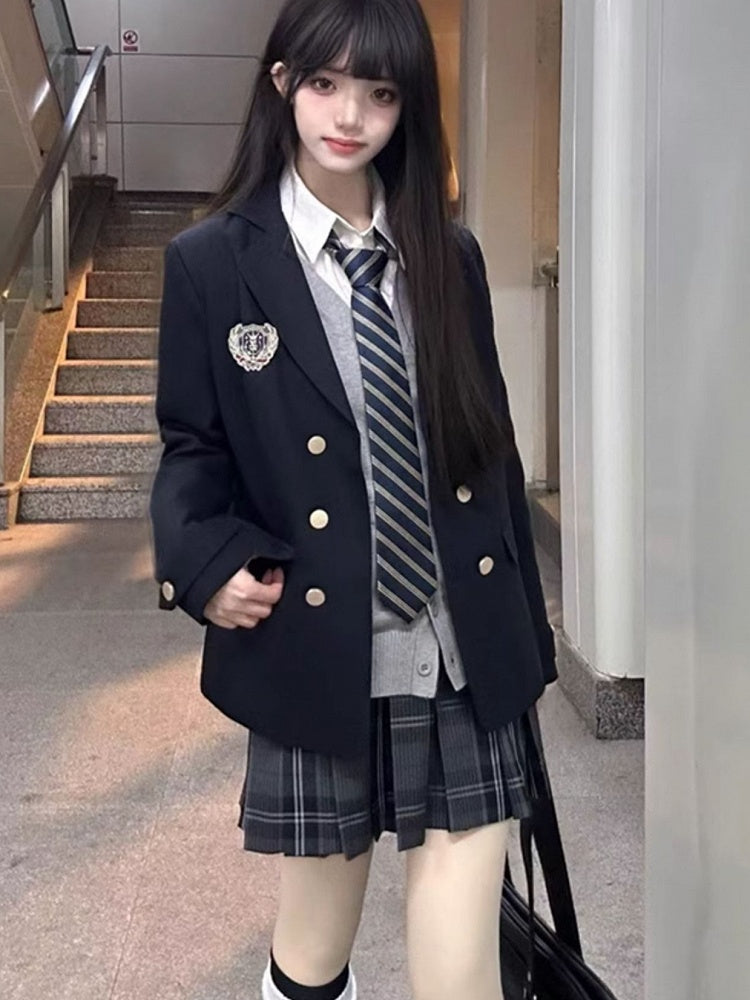 Blue JK Decorated Badge Uniform Dark Preppy Blazer Style