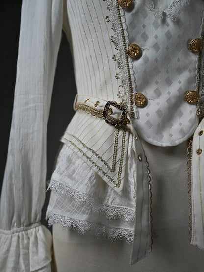 White Jabot Long Cuffs Ruffle Neckline Cadcading Sleeves