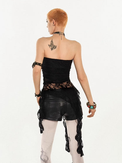 Sheer Tube Black Lace Punk Y2K Top with Rhinestone Cross