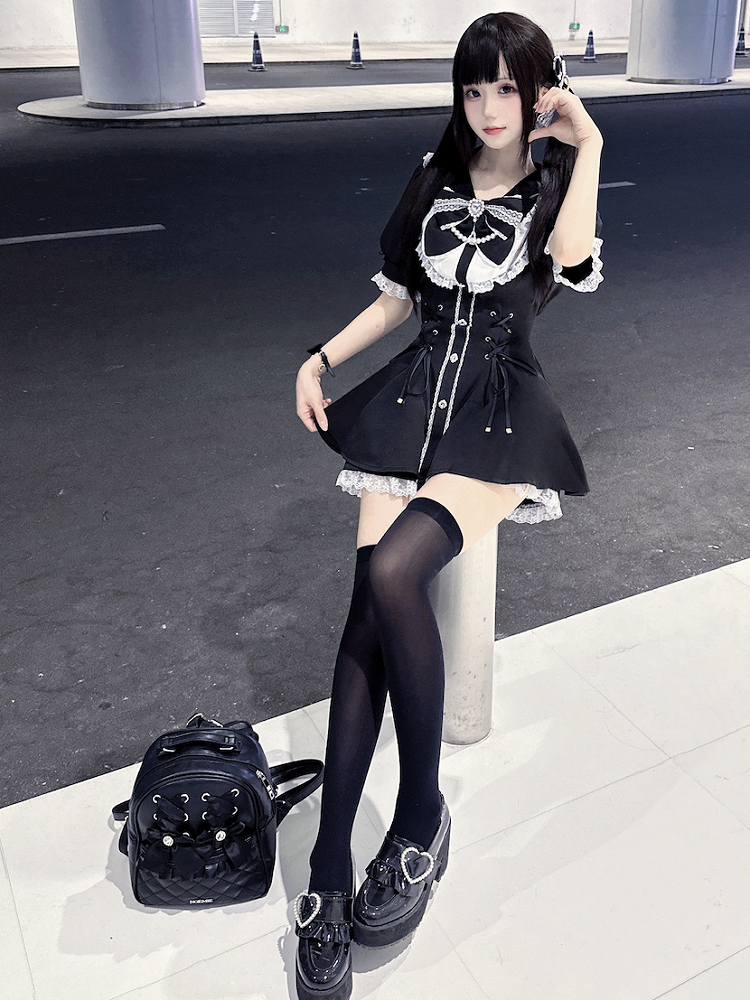 Jirai Embellished Kei Set White Lace-up Waist Rhinestones Mini Dress+Shorts Black Details