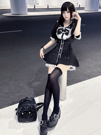 Jirai Embellished Kei Set White Lace-up Waist Rhinestones Mini Dress+Shorts Black Details