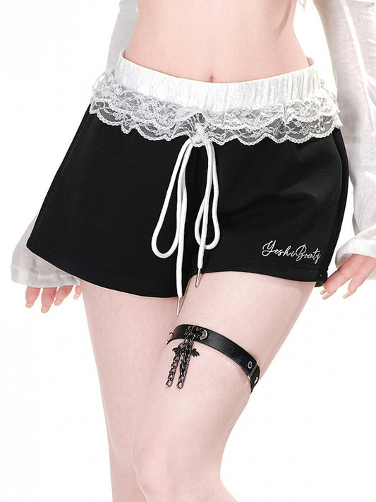 Drawstring Shorts Mini Waist Trim Lace Casual Wide-Leg Black