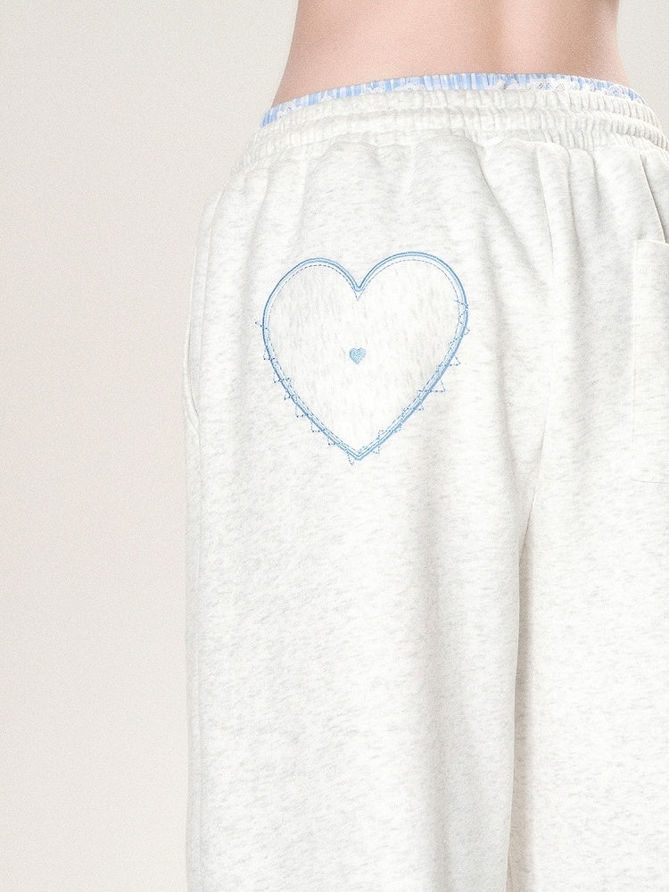Embroidery Light Wide-leg Gray And Cut Letter Pants Trim Heart Lace