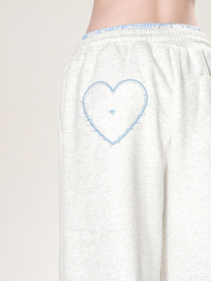 Embroidery Light Wide-leg Gray And Cut Letter Pants Trim Heart Lace