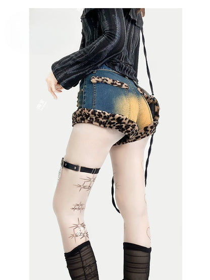 Blue Denim&Leopard Shaggy Plush Trim Distressed Shorts